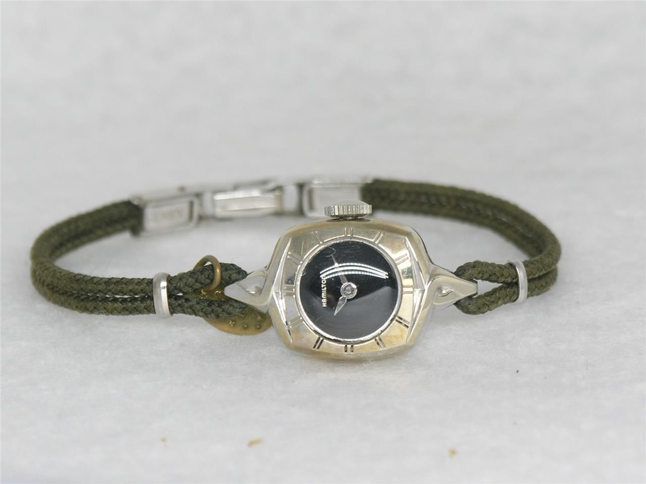 MID-CENTURY 1950’S 10K WHITE GOLD FILL HAMILTON WATCH W/ ATOMIC BOX, RUNNING!