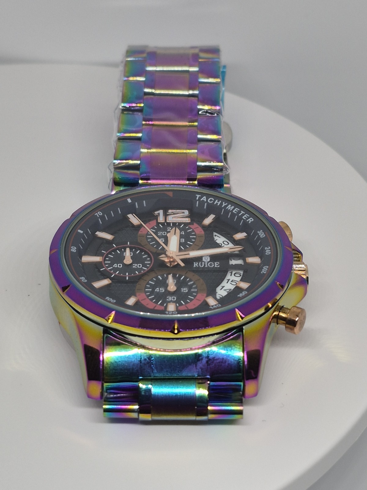 RUIGE Quartz Chronograph Tachymeter Watch Black Dial Multicolor Metal Box
