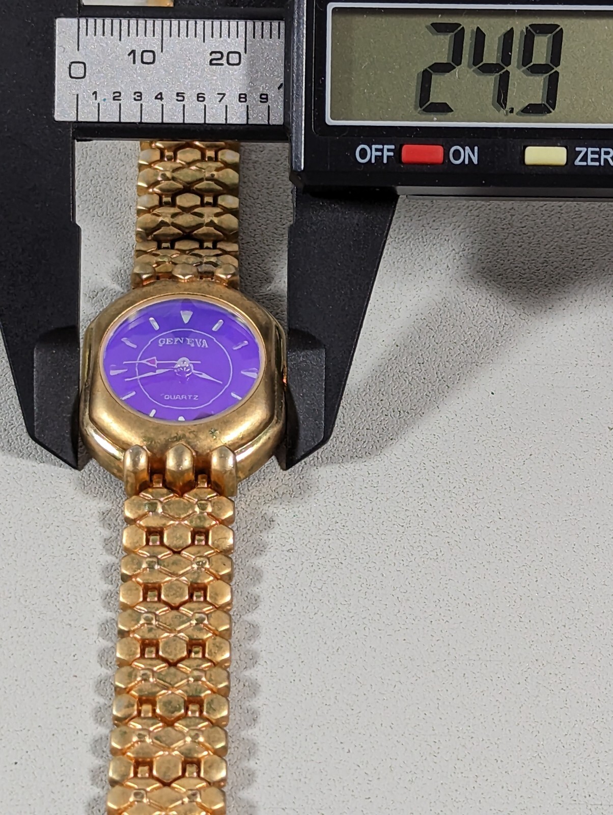Geneva Blue Purple Dial Raised Prism Crystal Gold Tone Case Bracelet Band Watch