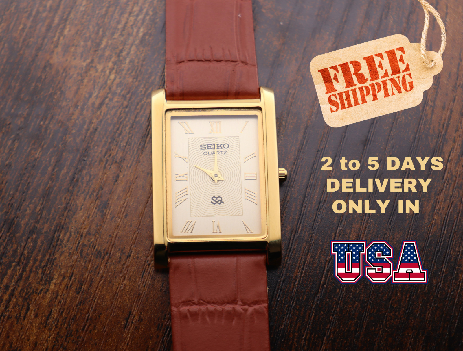 vintage Seiko Slim Tank Quartz Men White Dial Light Brown leather Dress Watch