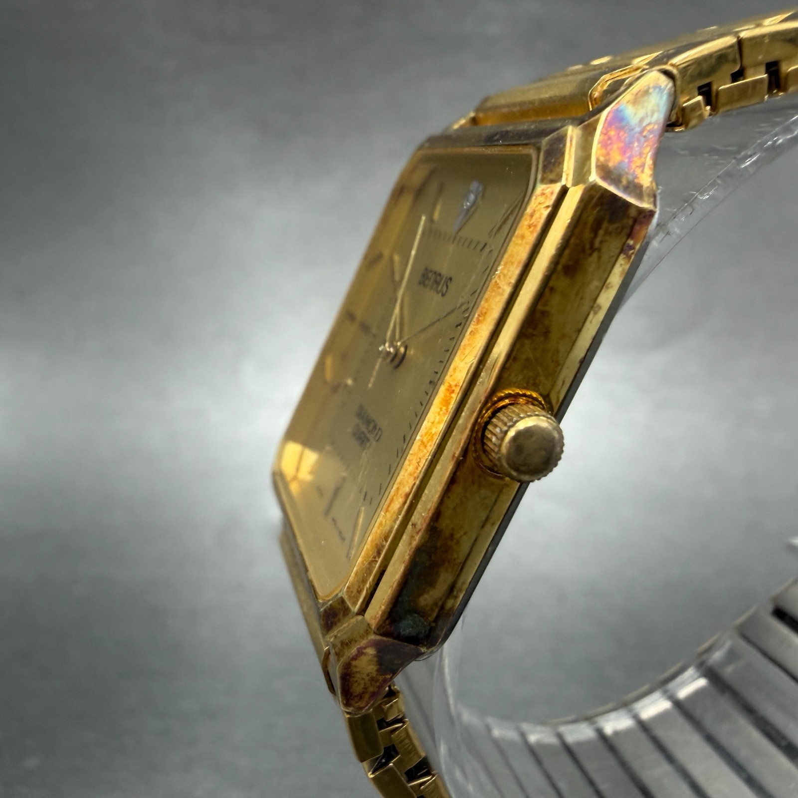 Benrus Tank Watch Men 26mm Gold Dial Gold Tone Octagon New Battery VTG