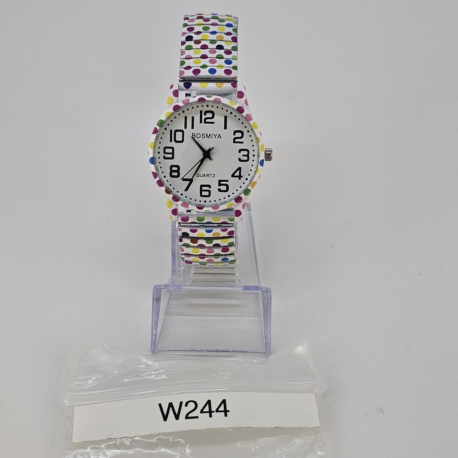 36MM Women’s Watch White Dial Polka Multicolor Strech Band 6.5″ New Battery