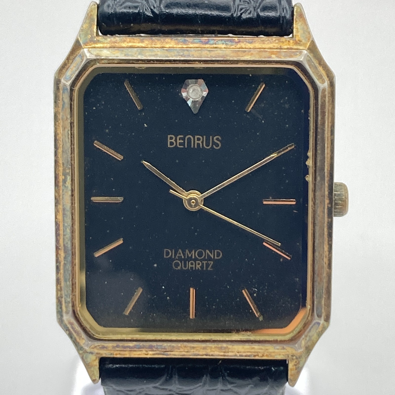 Vtg Benrus Mens Tank Watch 26mm Gold Tone Diamond Leather Band New Battery 8.25″