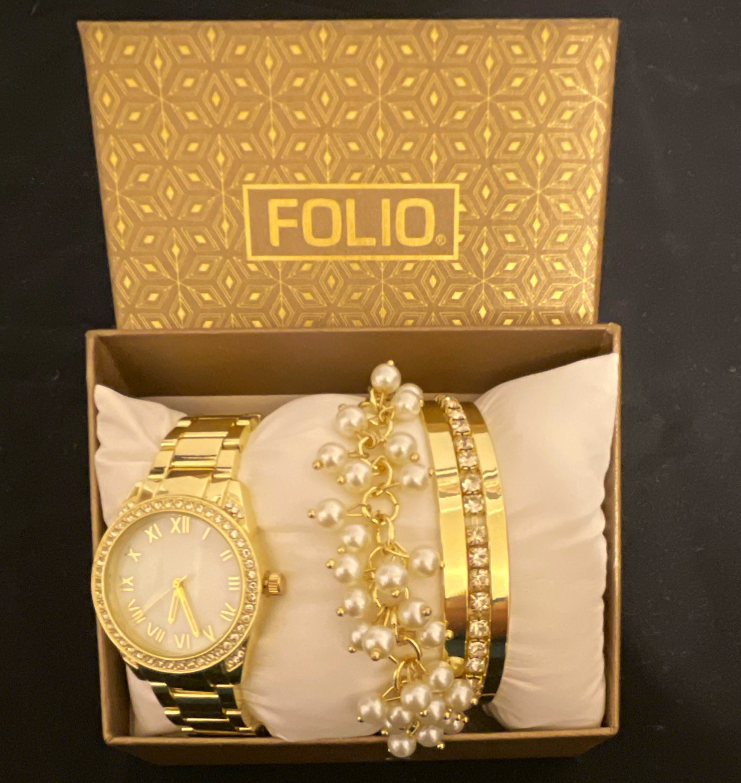 Folio Women’s Gold-Tone Analog Bracelet Watch & Bracelet Set, Roman Dial, Box