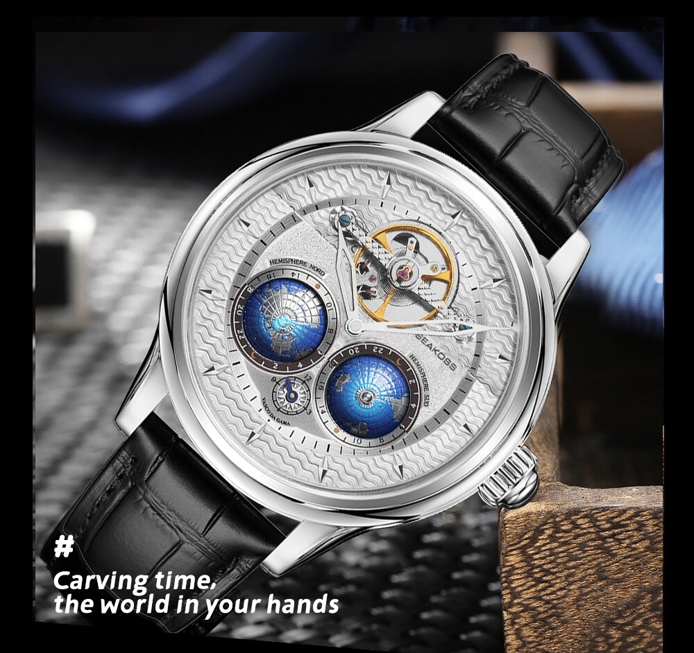 SEAKOSS Men’s Automatic Watch World Time Blue Dial Rose Gold Leather Strap
