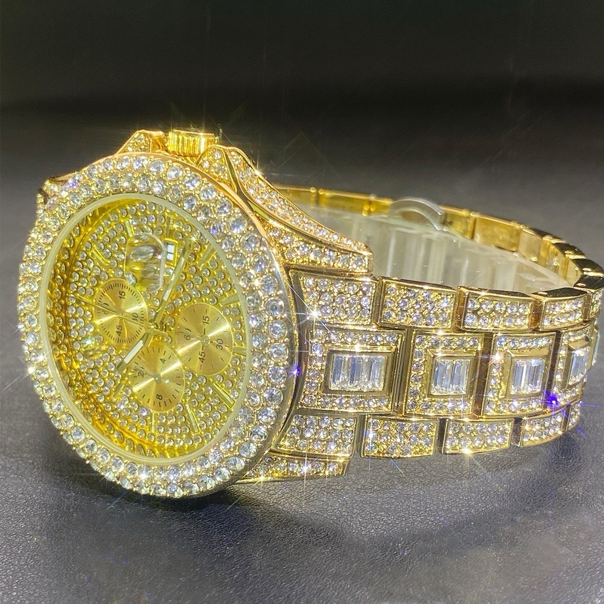 Luxury Iced Out Quartz Watch – Silver & Gold CZ Diamond Hip Hop Timepiece