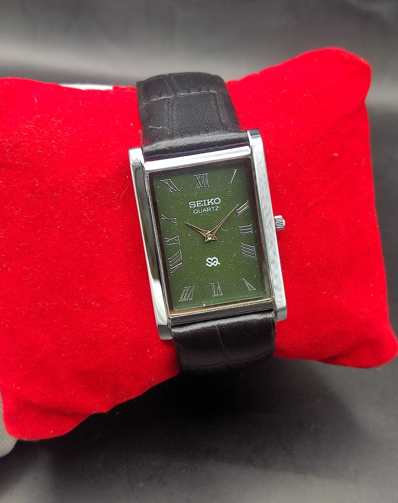 Vintage Refurbished Seiko Quartz Rectangular Green Dial Faux Leather Strap
