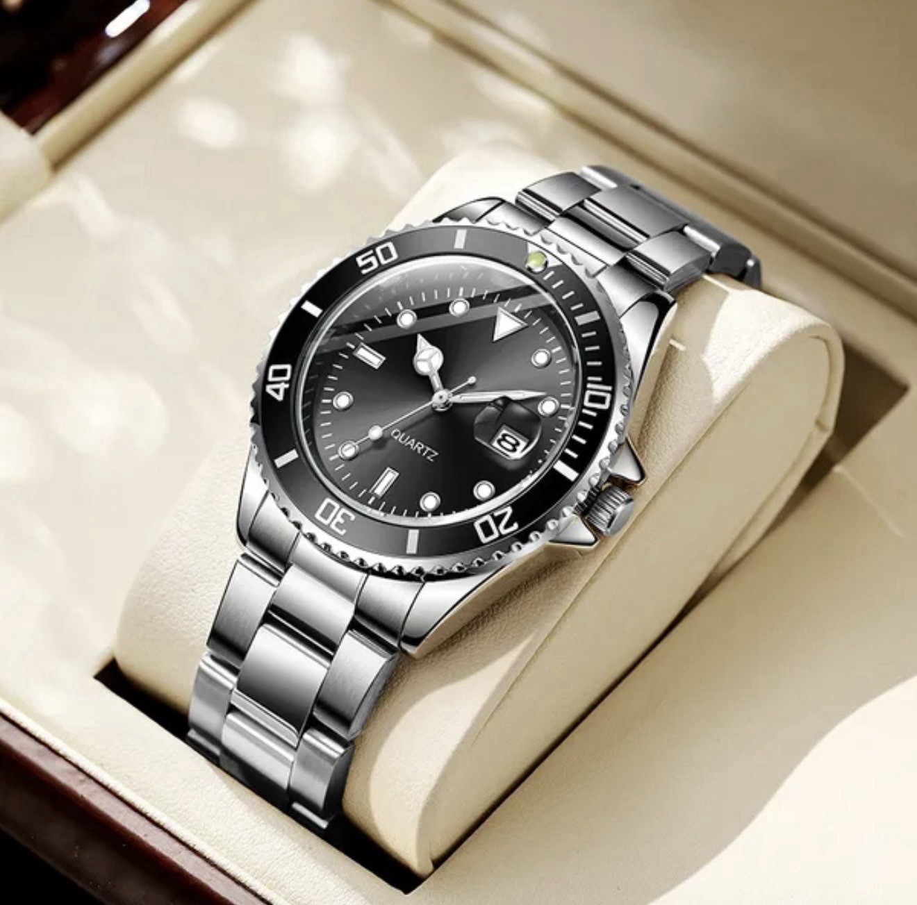 Men Quartz Luxury Watch With Calendar Bracelet Folding Clasp