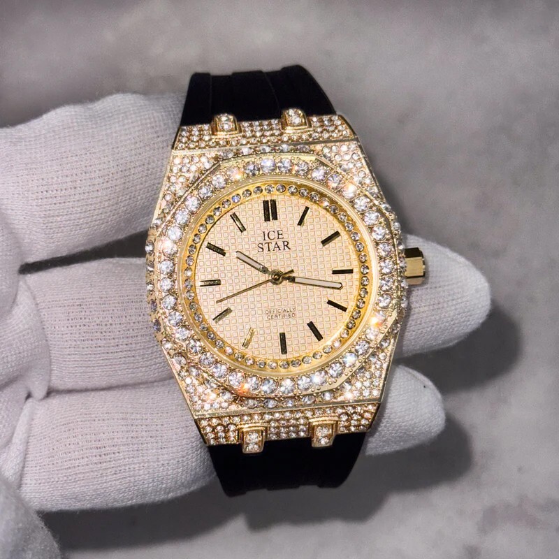 MEN’S WATCH ICED SILICONE BAND LUXURY SIMULATED DIAMOND BLING OCTAGON BEZEL
