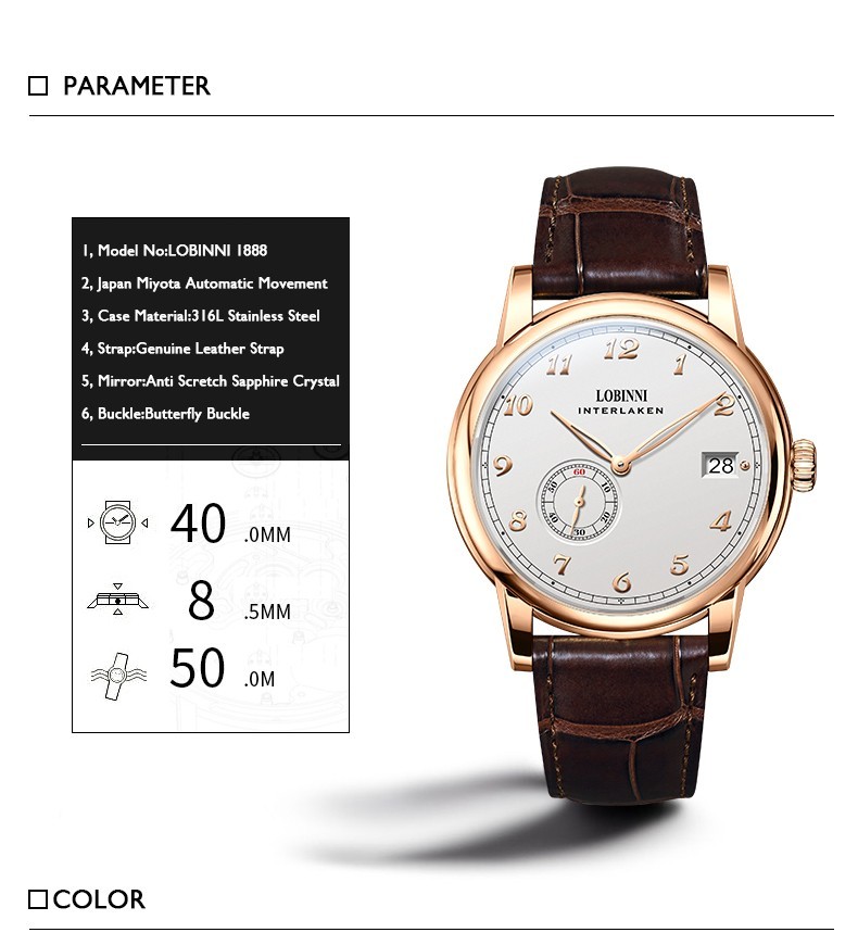 LOBINNI Men Automatic Watch 40mm Mechanical Wristwatch Hangzhou 5000 Micro Rotor