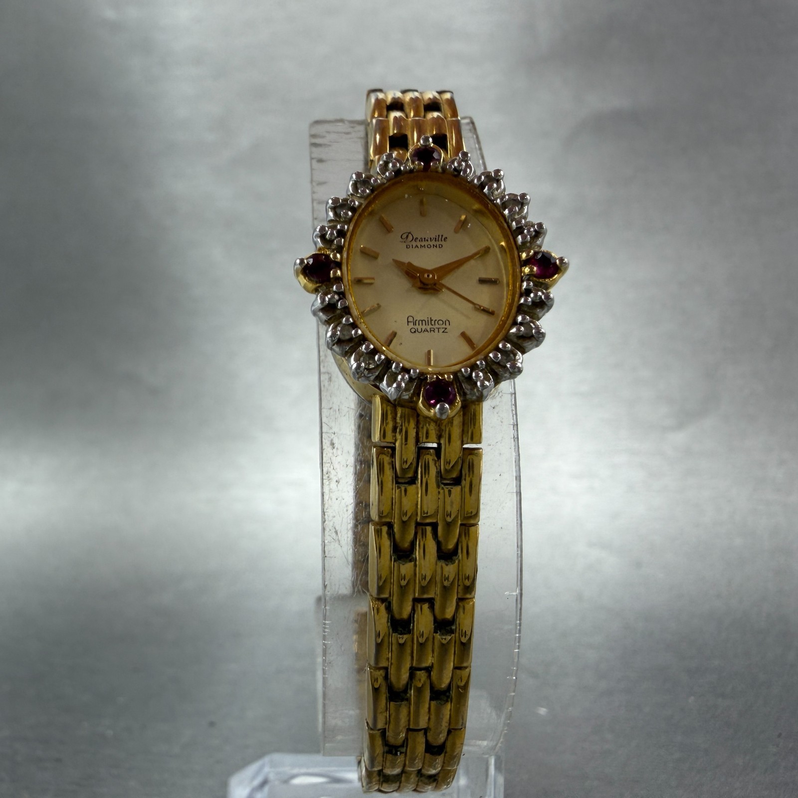 Armitron Deauville Diamond Watch Women 15mm Gold Dial Gold Ruby Oval New Battery