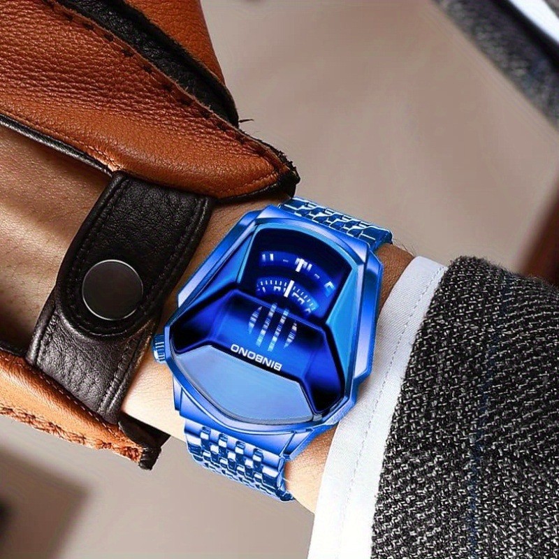Men’s All-Blue Futuristic Motorcycle Watch – Blue Steel Case & Band Black Tech
