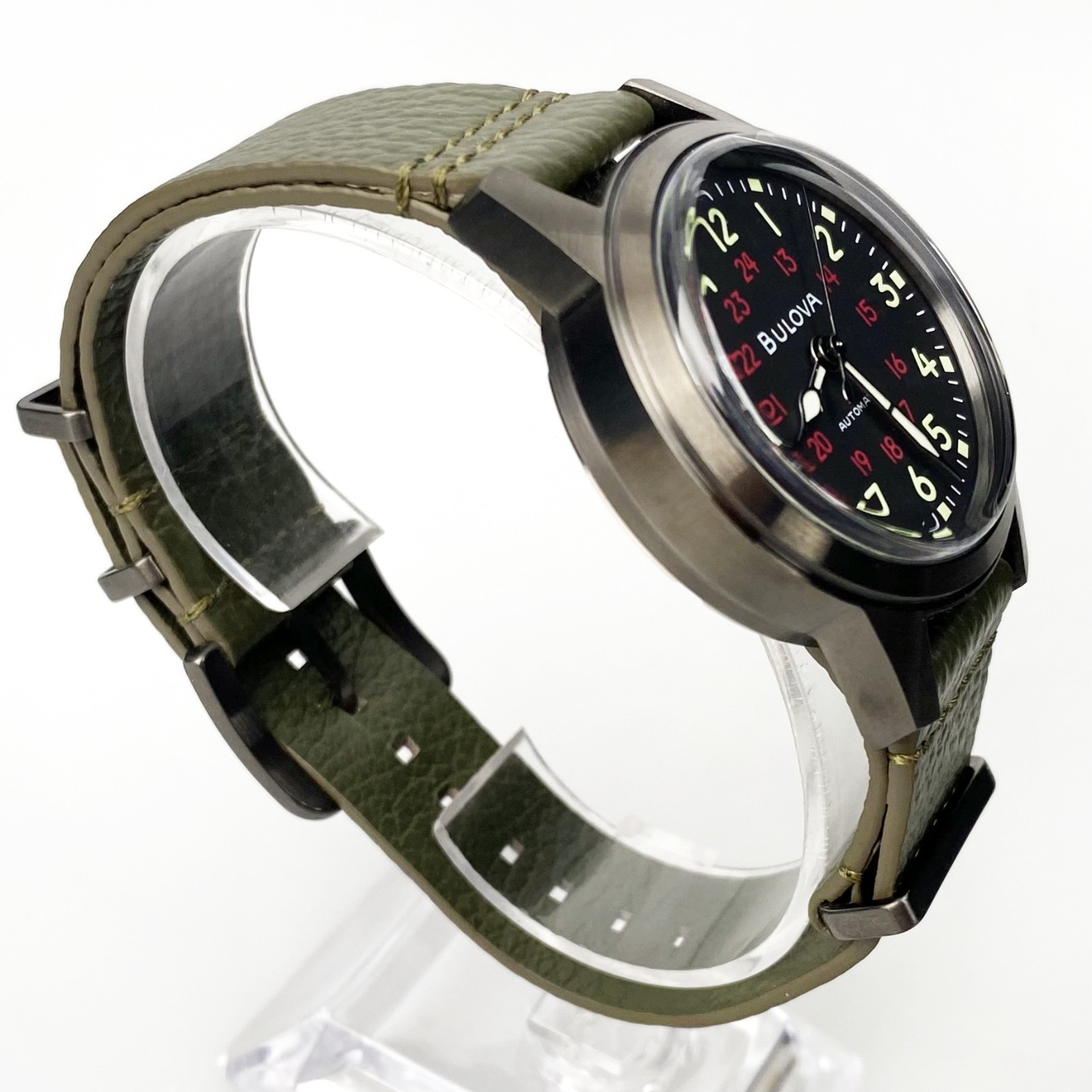 Bulova Men’s Watch 98A255 Hack Black Dial Green Leather Strap Automatic Watch