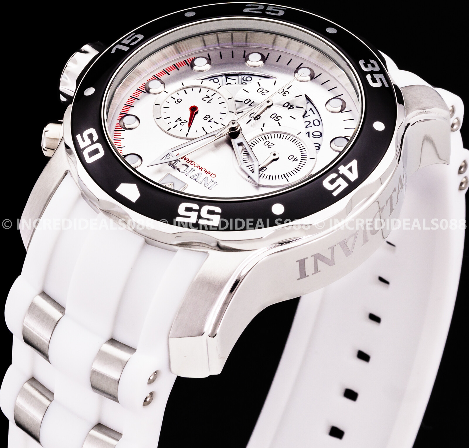 Invicta Mens PRO DIVER SCUBA Chronograph Black Silver Dial White Strap Watch