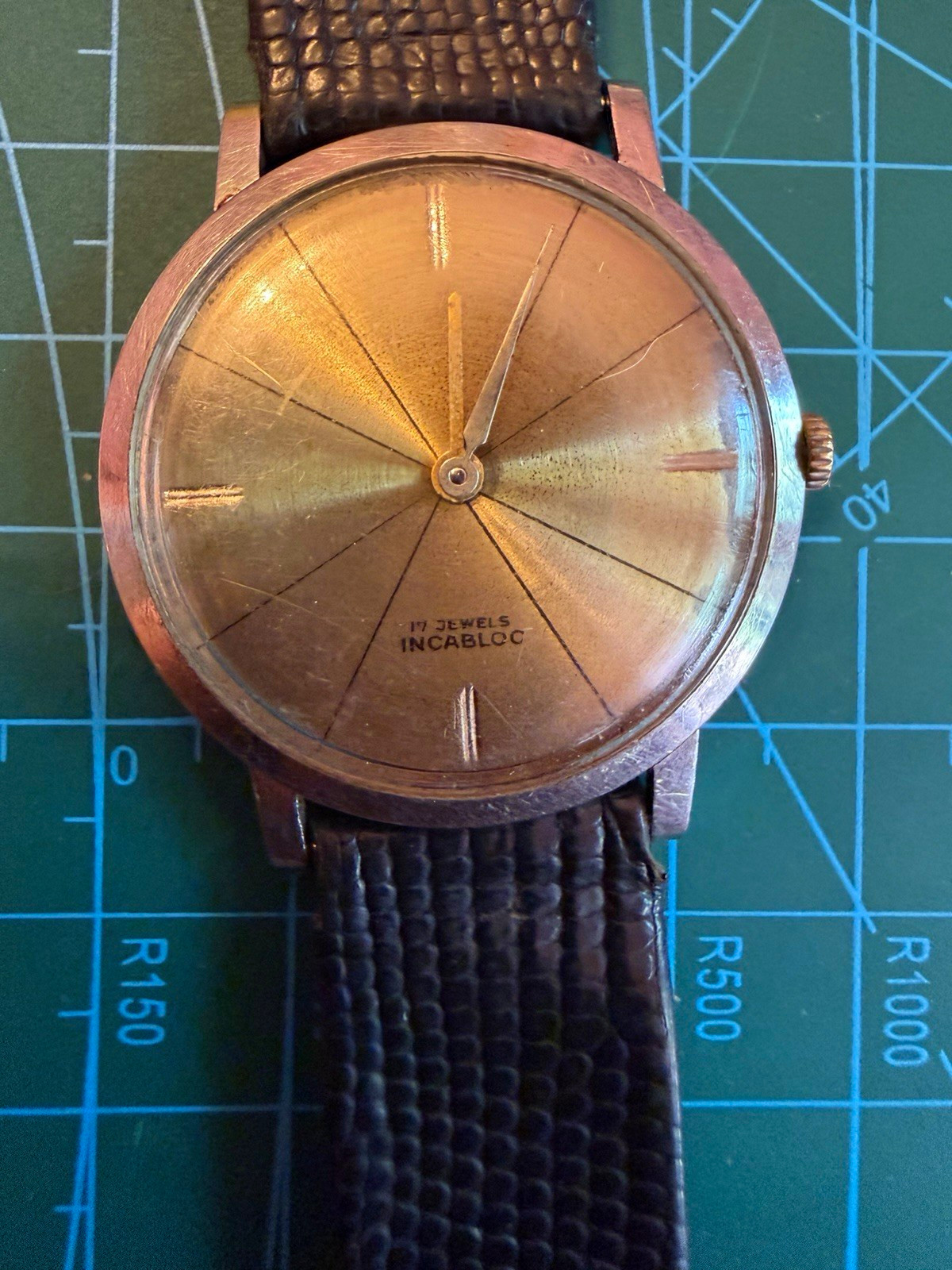 Vintage Incabloc 17 Jewel Manual Wind Gold Dial Watch Black Leather 33.3mm