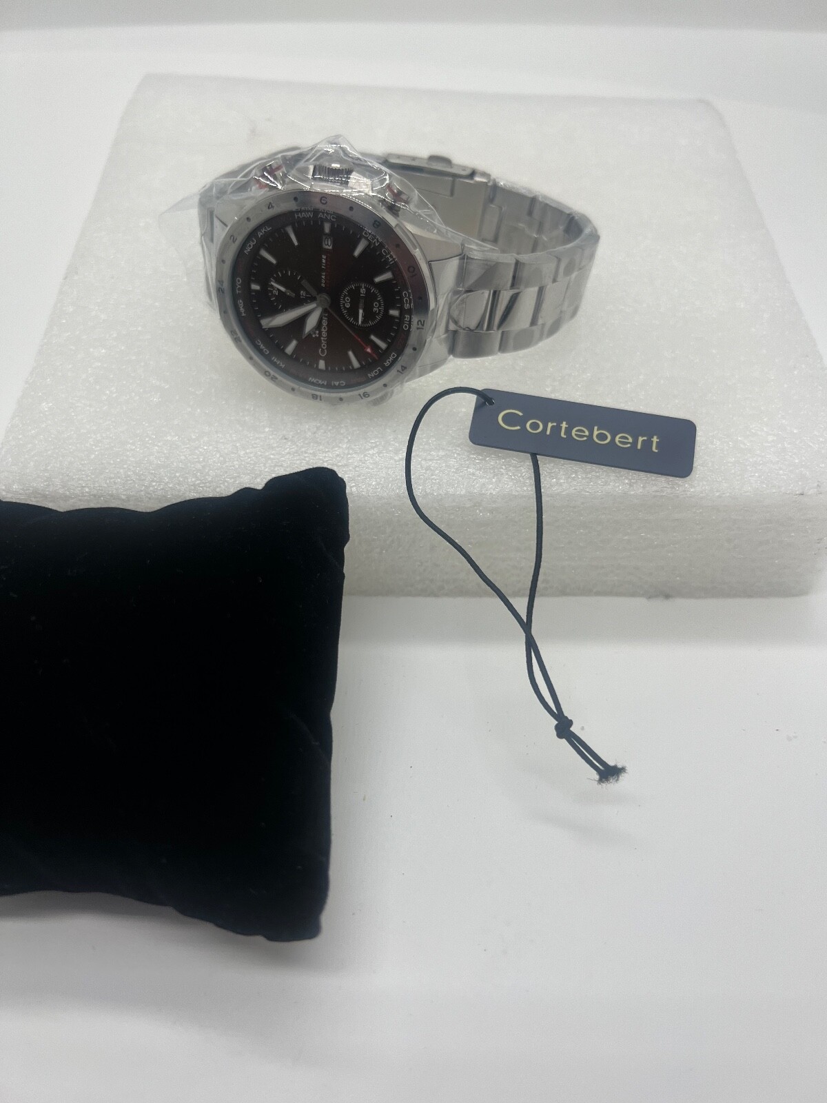 New in Box Cortebert ELEVATION WORLDTIME Sharp Cocoa Face Silver Band