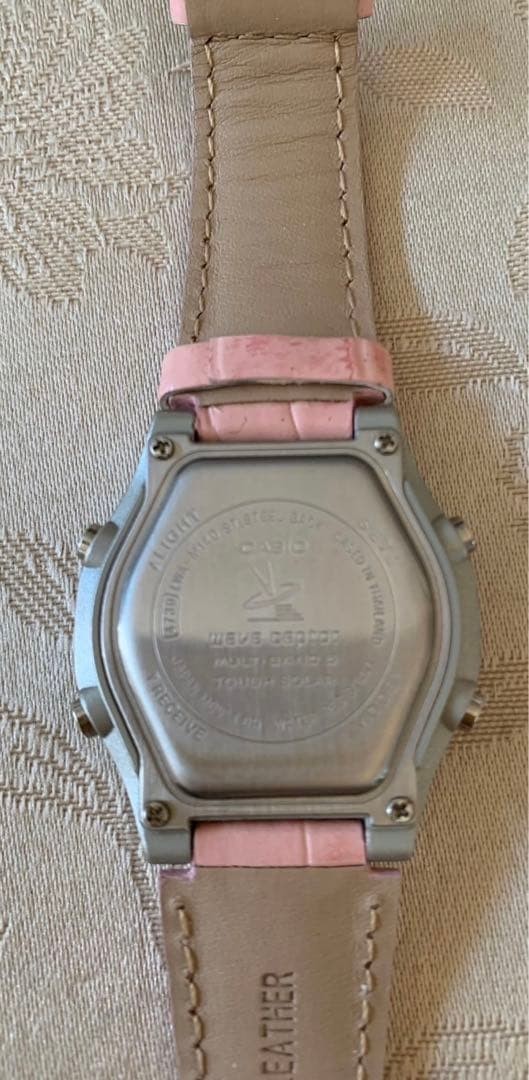 CASIO Wave Ceptor Solar Radio Watch Pink Leather Band Day Display – 8.5in