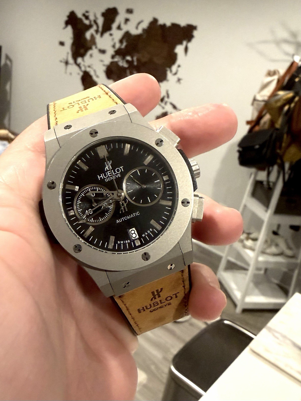 Hublot Big Bang Auto Chronograph Date Black Dial Steel Rubber Strap Box