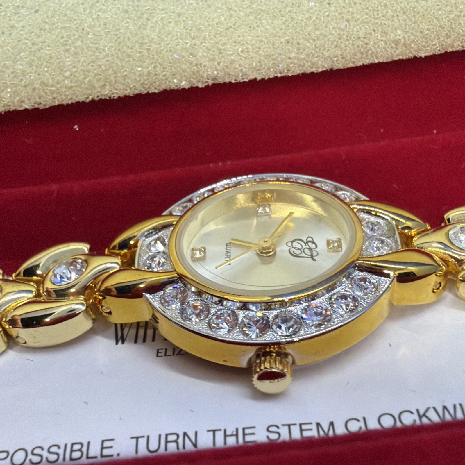 Women’s ELIZABETH TAYLOR White Diamonds Gold Tone Bracelet Watch, 27mm, Runs