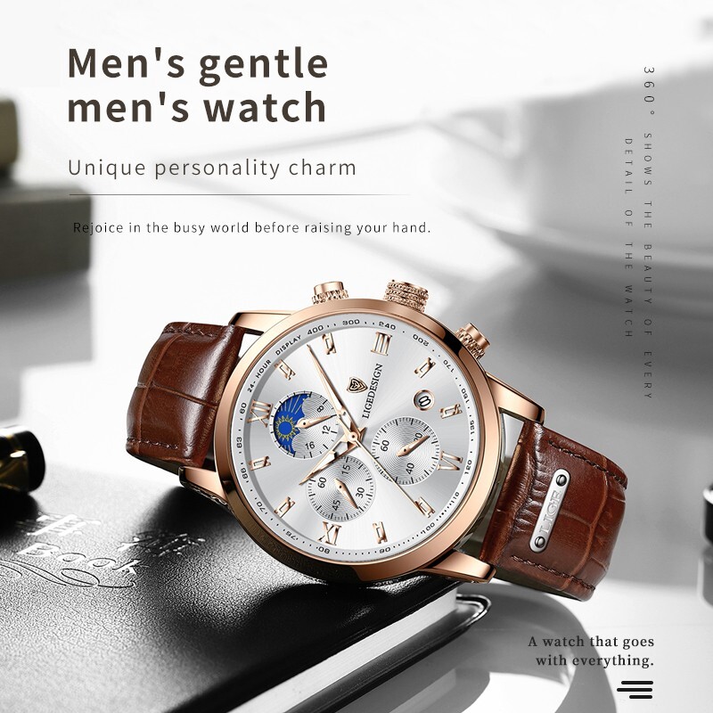 Men’s Watches Quartz Luminous Date Dial Waterproof Leather Business Wristwatch