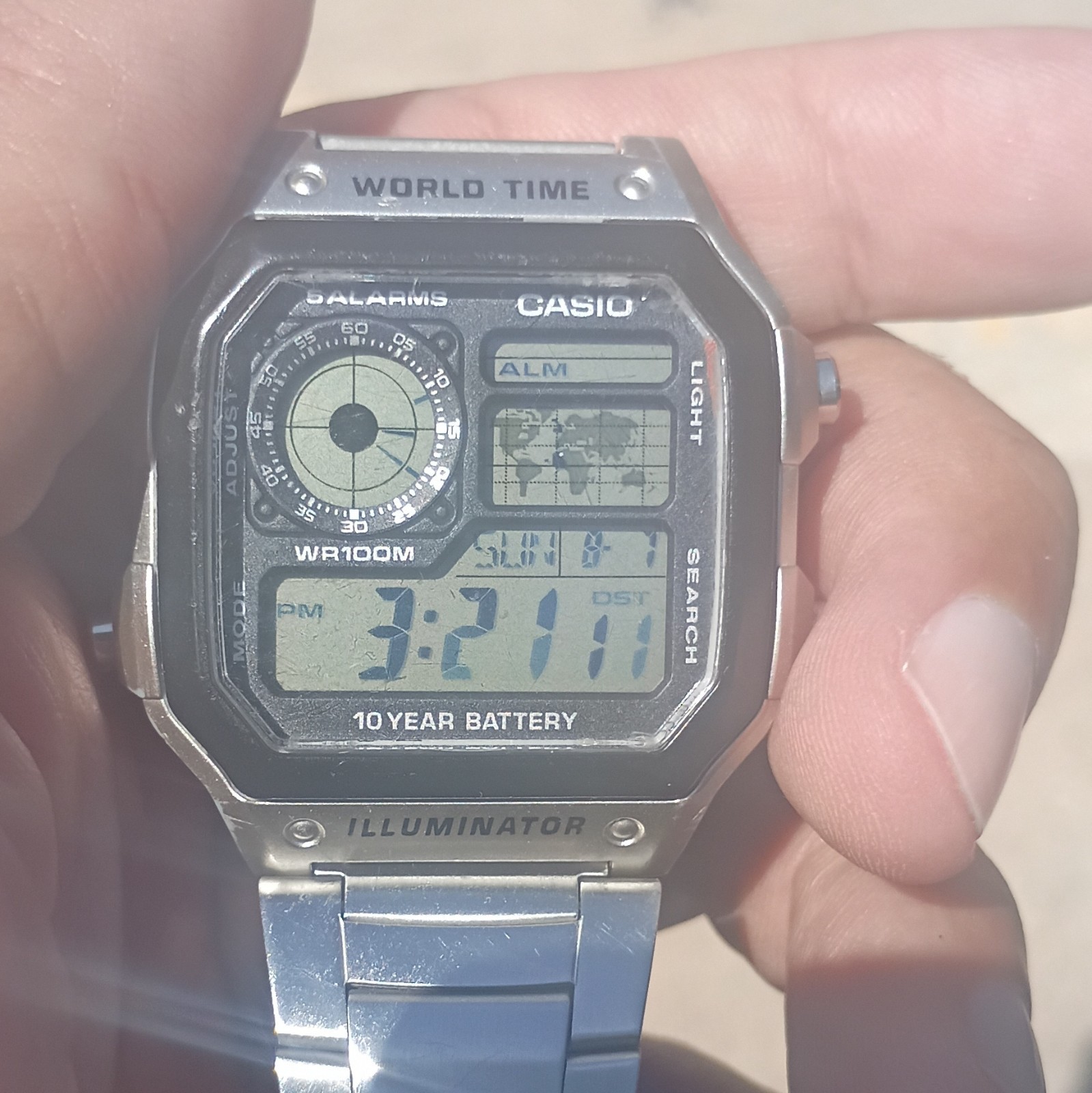 Casio Illuminator World Time Digital Watch WR100M Quartz 42mm Silver SS