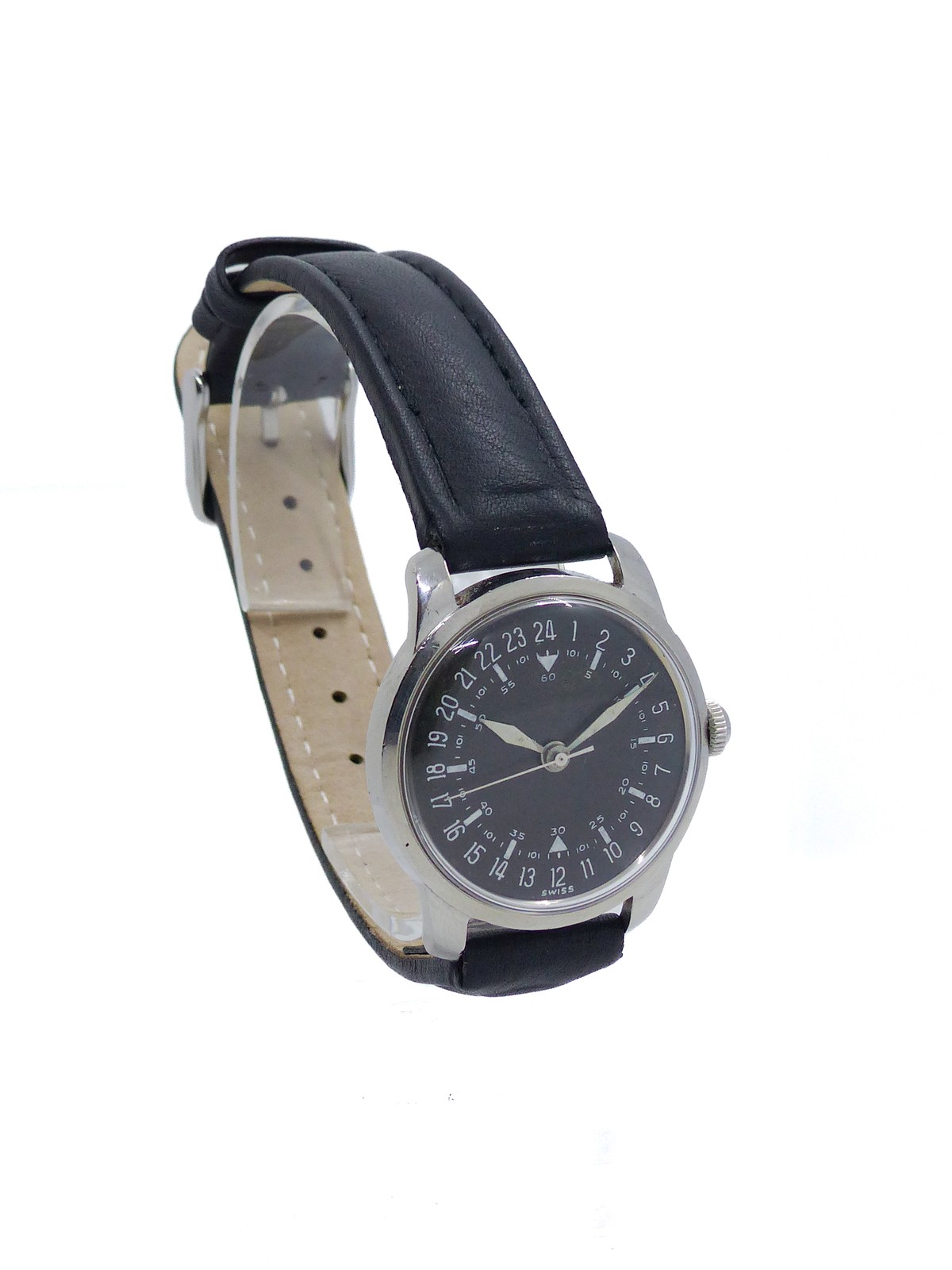 Wakmann Military and pilot wristwatch 24 hour dial Lemania 3060 60’s