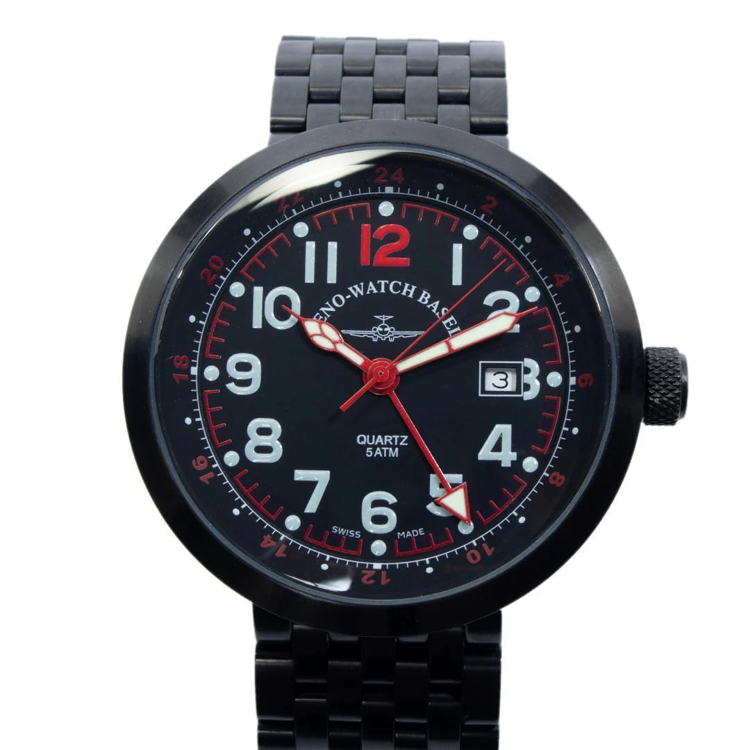 ZENO-WATCH BASEL B554Q-GMT-bk-a1-MRD Mens Quartz SS 45mm Black
