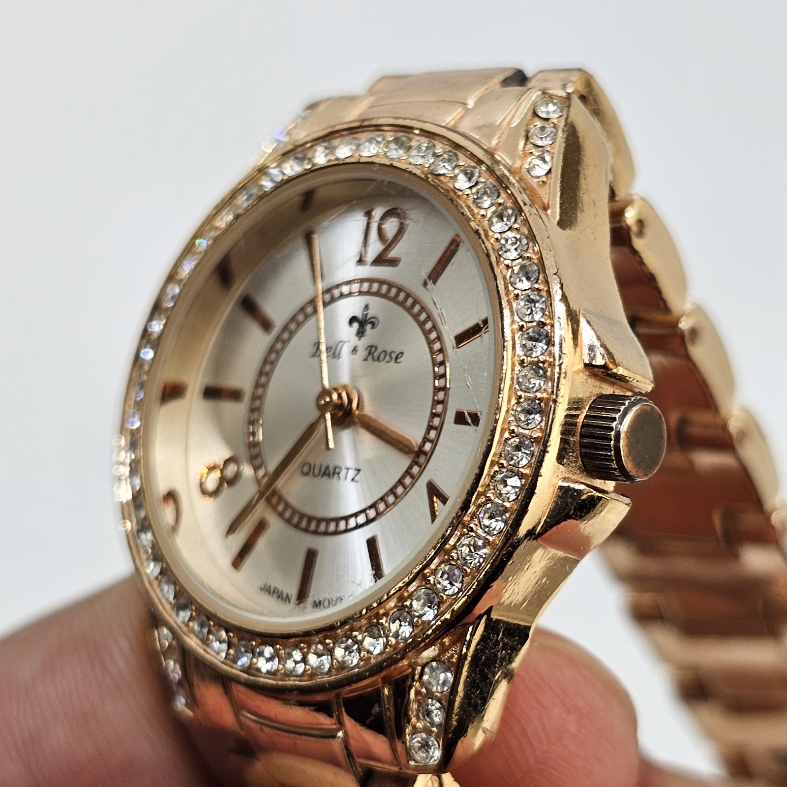 Bell Rose Women’s Watch 30MM Gold Dial Gold Bracelet Band 7″ New Battery
