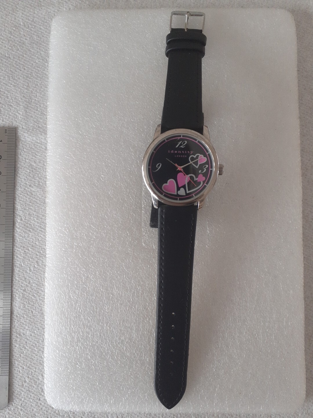 Identity London Ladies Hearts Quartz Watch With A New Black Leather Strap