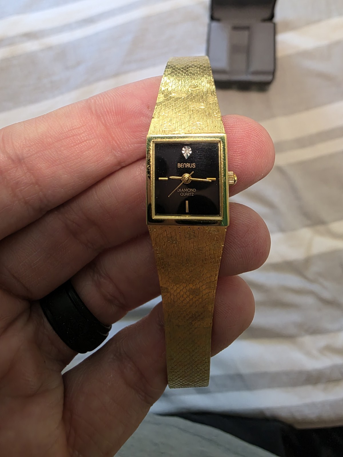 Vtg 1989 BENRUS Tank Diamond Women’s 18mm Quartz Watch Gold Case Bracelet Black