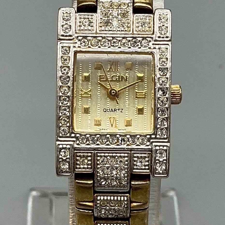 Elgin Womens Watch 17mm Champagne Dial Gold Tone Crystals New Battery 7.25″