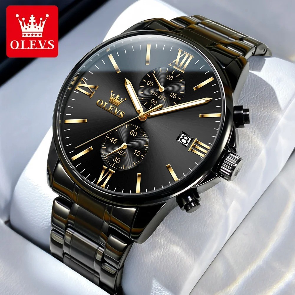 OLEVS 2886 Classic Black Quartz Watch for Men Elegant Chronograph Auto Date Cloc