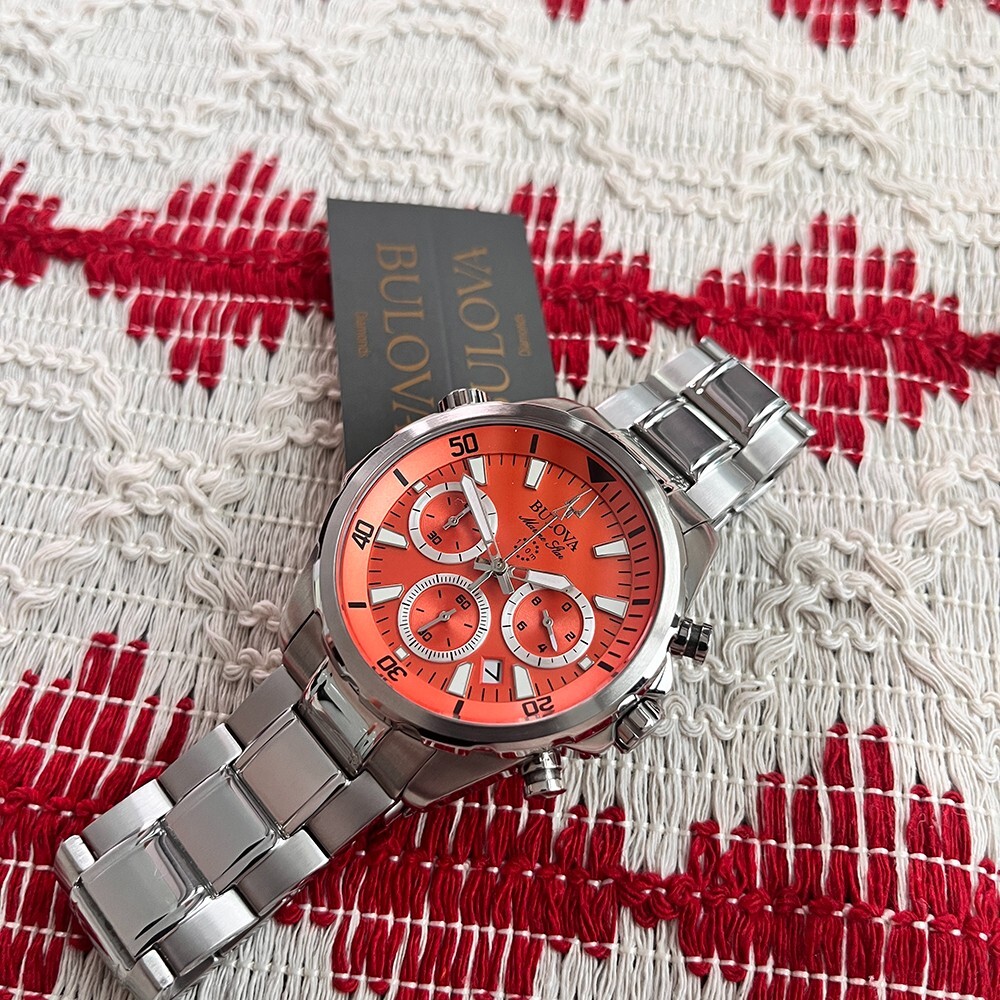 New Classic Bulova Marine Star 96B395 Orange Dial 43mm Chrono Quartz Men’s Watch