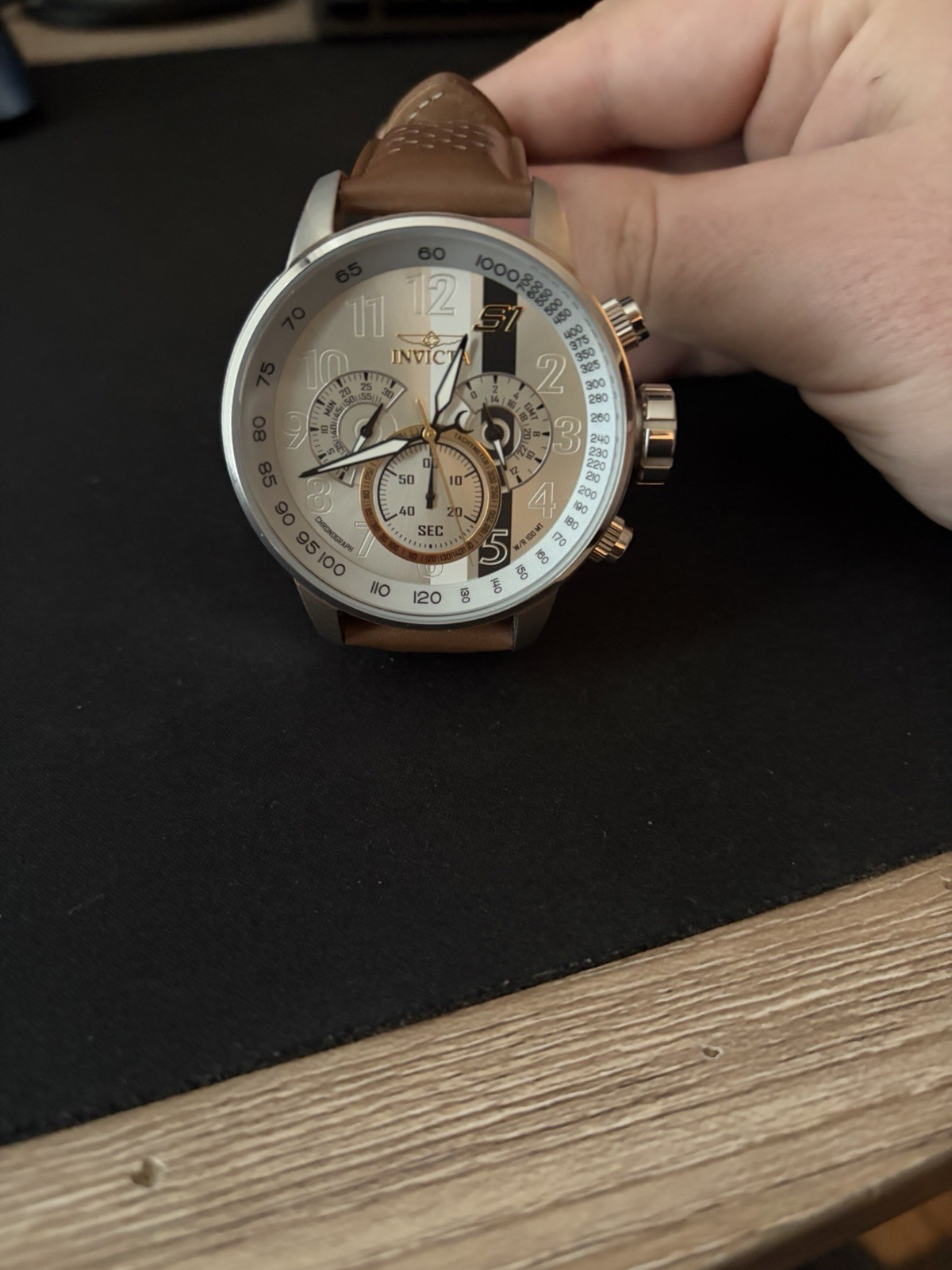 Invicta S1 Men’s Quartz Chronograph Watch Silver Case Brown Leather Strap 100m