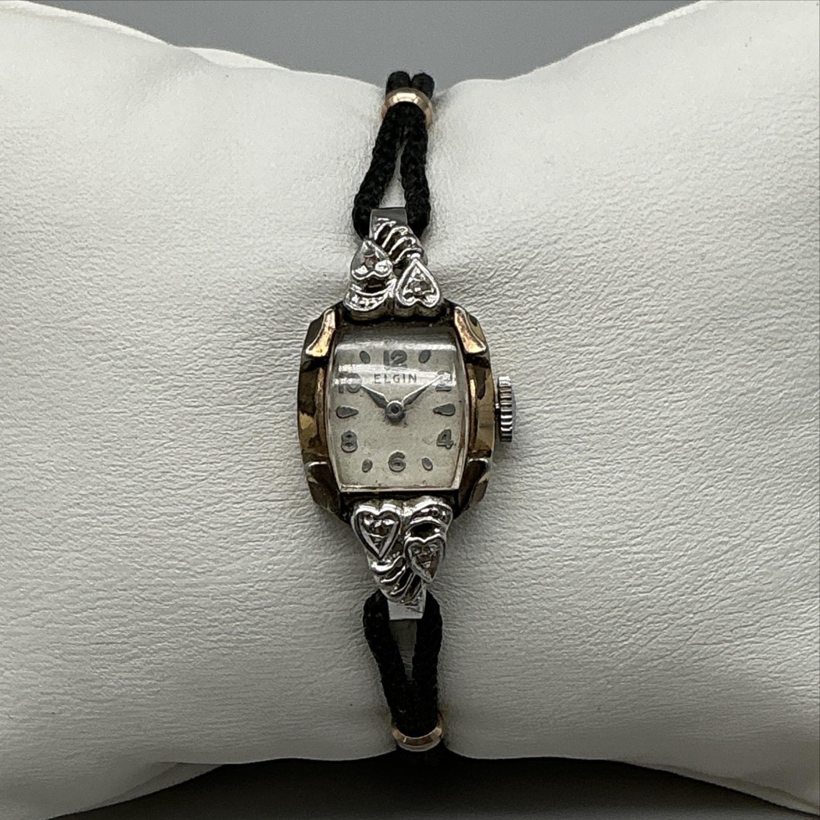 Vintage Elgin Womens Watch 14mm 10K RGP 1957 Diamond Black Cord Manual 5.75″
