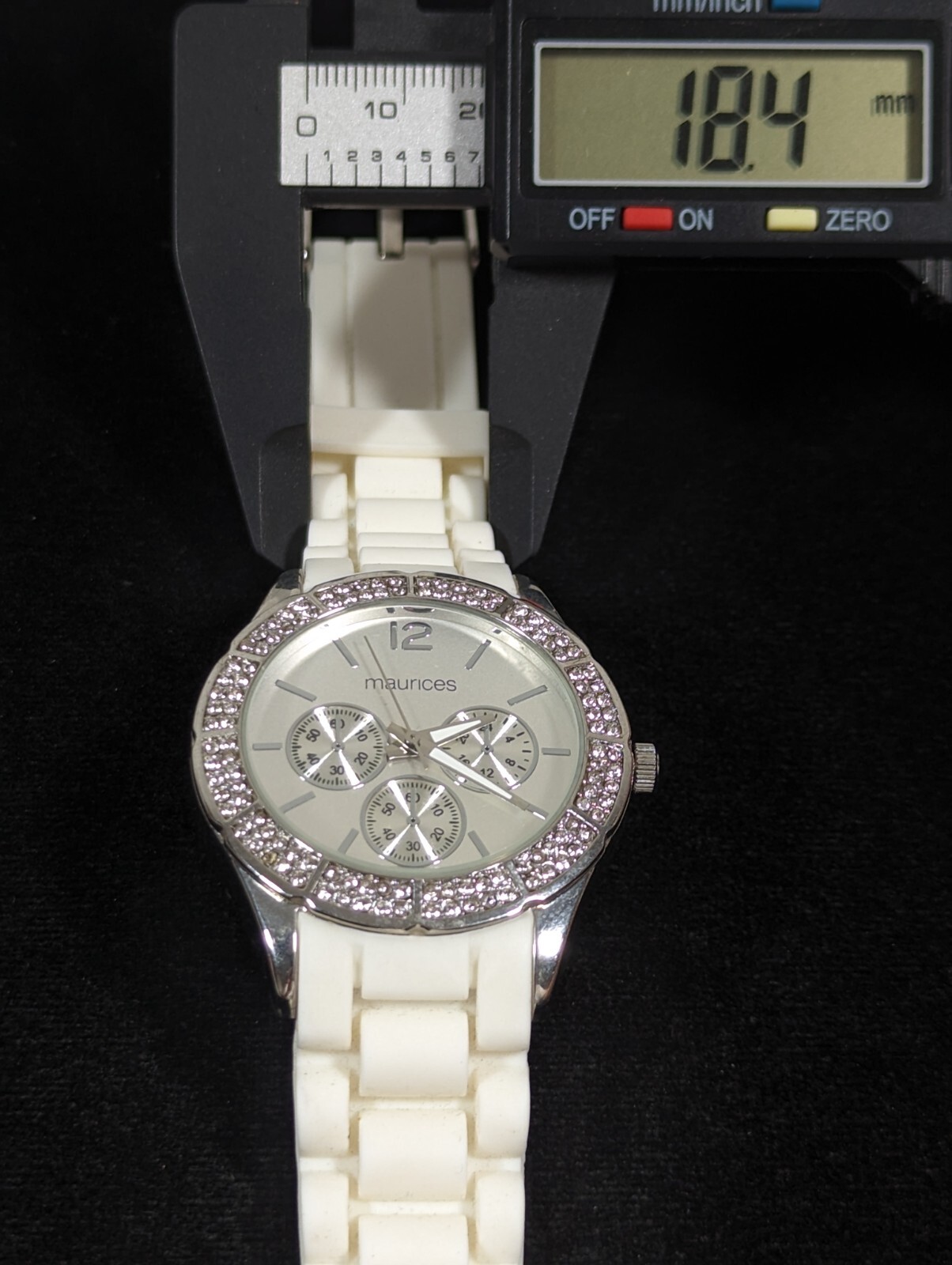 Maurices Womans Silver Tone Dial Crystal Accent White Silicone Band Watch 8.5 in