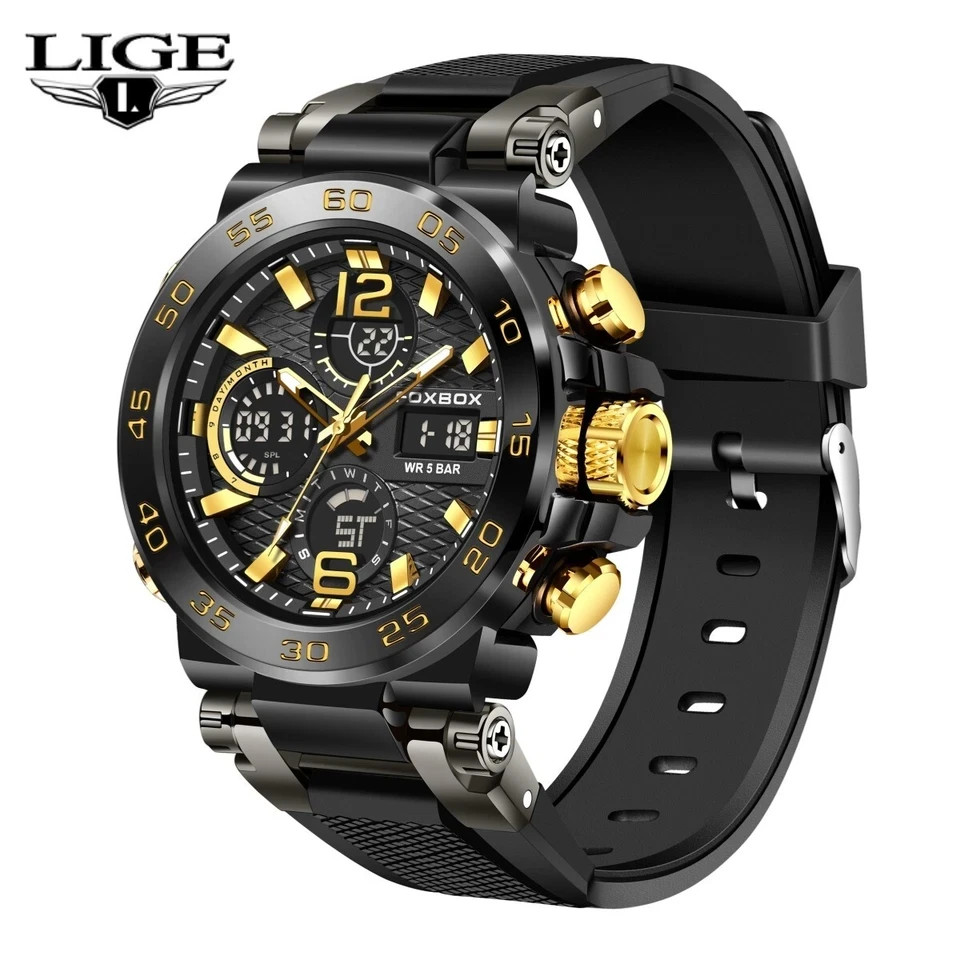LIGE FOXBOX Men Watch Quartz LED Digital Analog Luminous Waterproof Wristwatch