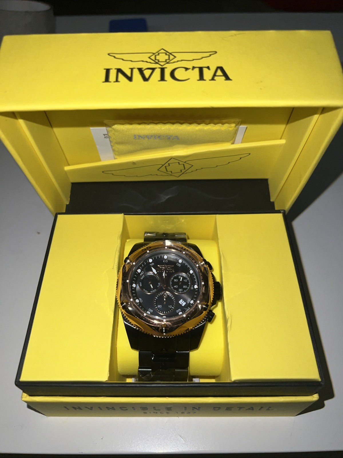 Invicta Men’s Watch Quartz Black Steel Rose Gold Bezel 51mm NWT