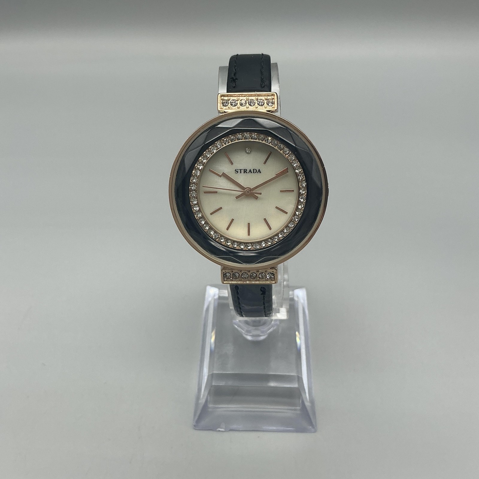 Strada Womens Dress Watch 35mm Cream Dial Faceted Crystal Bezel Black Strap