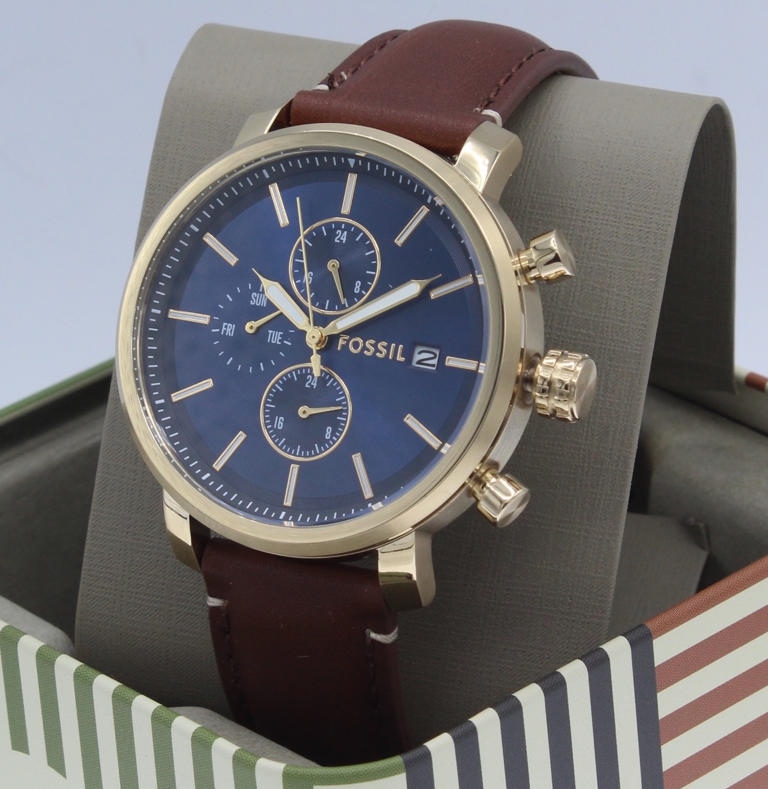 Fossil Rhett Chronograph Gold Blue Brown Leather BQ2848 Mens Watch