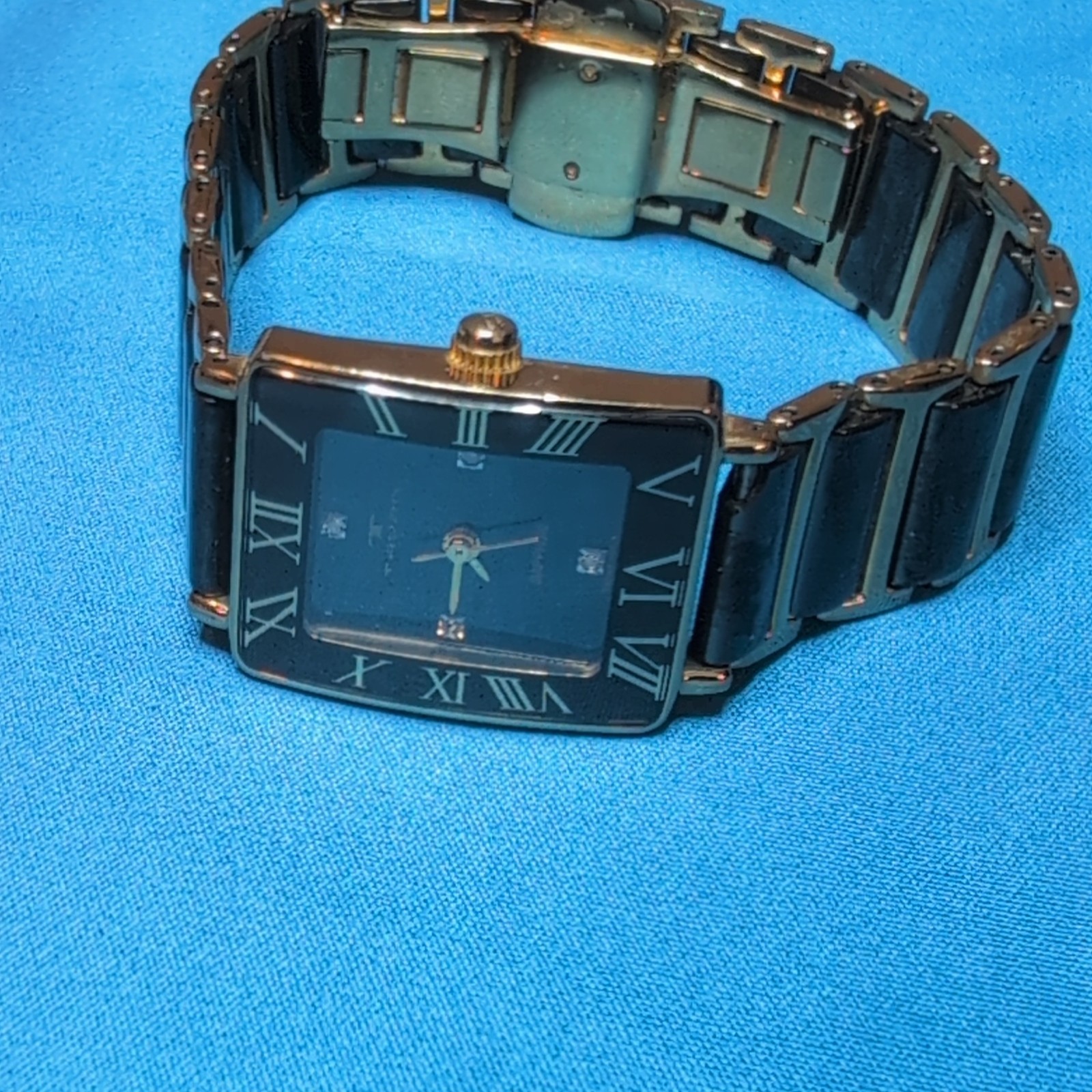 Tavan Swiss Made Sapphire Rectangle Wristwatch Black Dial Gold Bracelet Band
