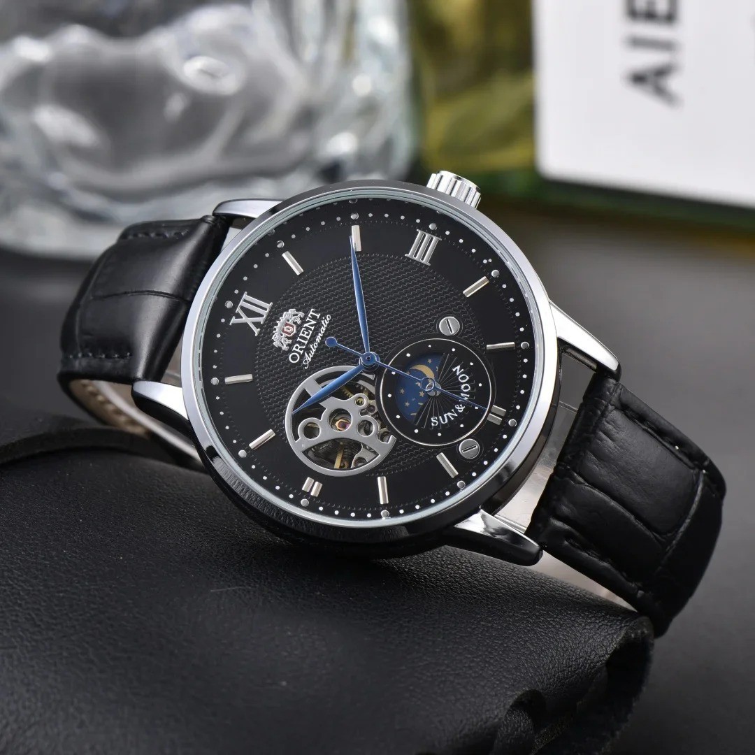 Sun & Moon Semi Skeleton Automatic Watch Men’s Leather Strap Luxury Gift