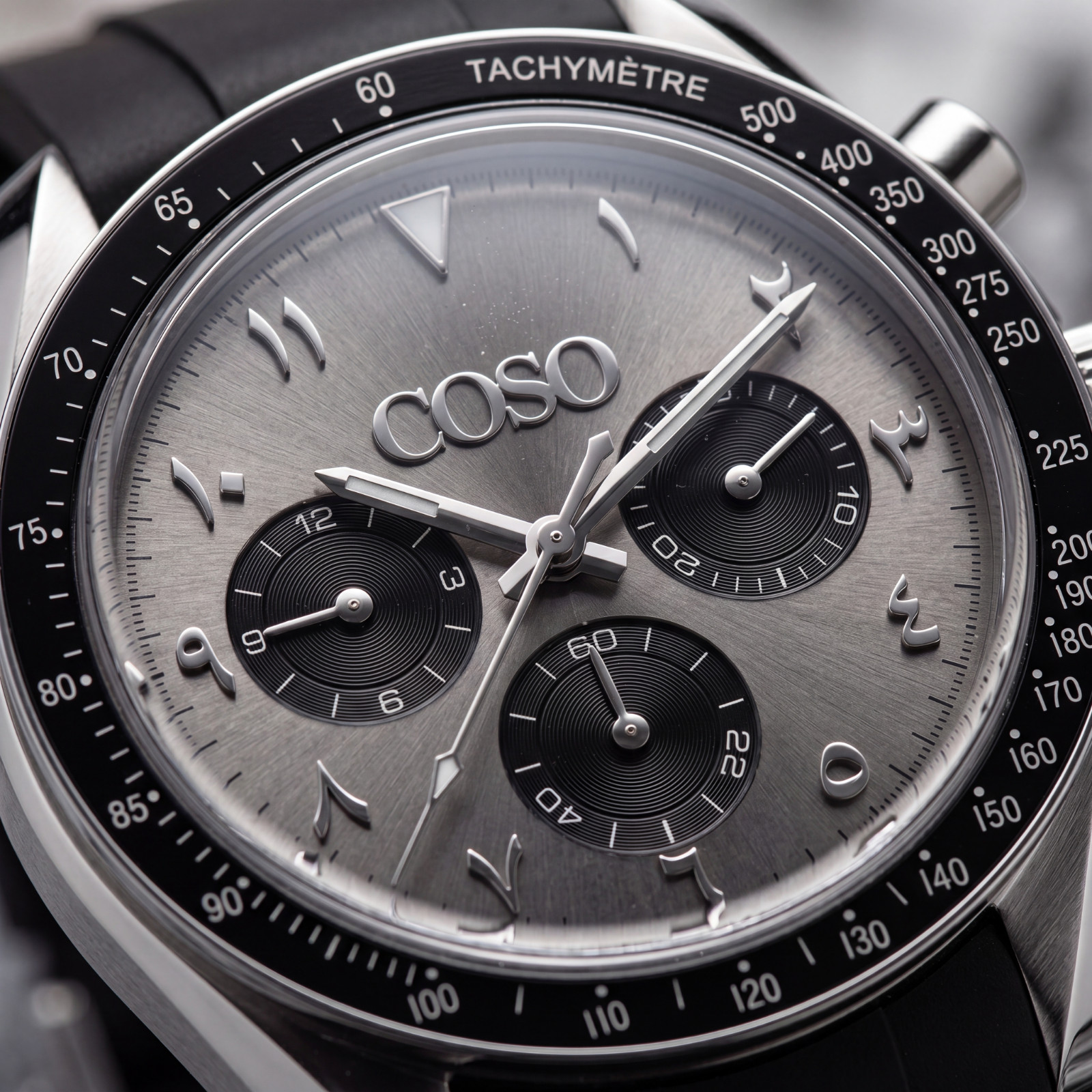 COSO Torvex Chronograph Mens Watch Steel Grey Dial Arabic Numerals Rubber Strap