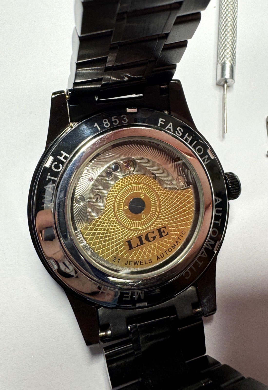 LIGE Automatic Mechanical Skeleton Watch Black Steel Men’s Calendar Kit