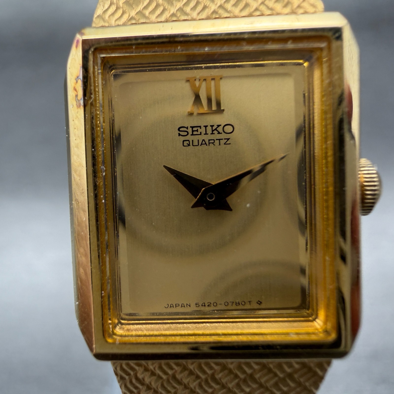 Seiko Tank Watch Women 17mm Champagne Dial Gold Tone 5420-5399 New Battery NOS