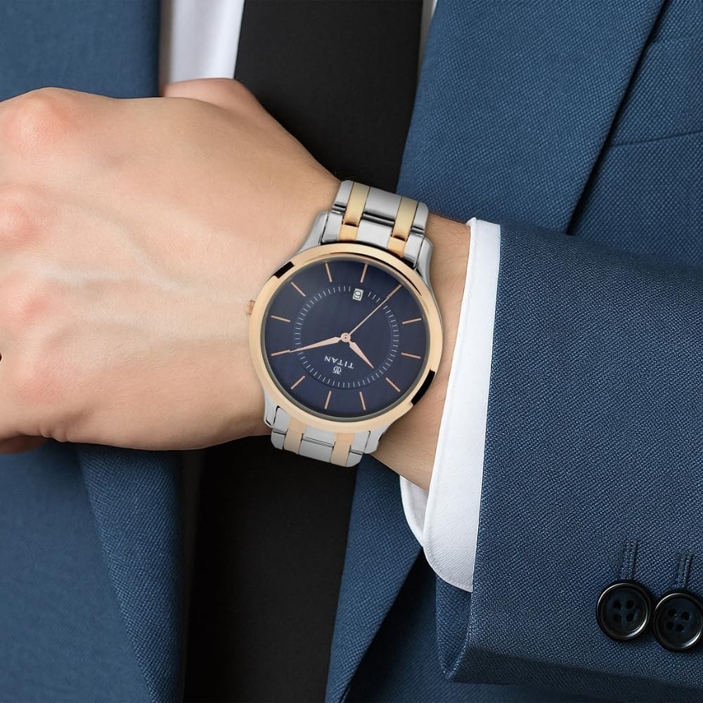 Titan 1825KM01 Mens Watch Rose Gold Mesh Strap Blue Crystal Dial 47mm