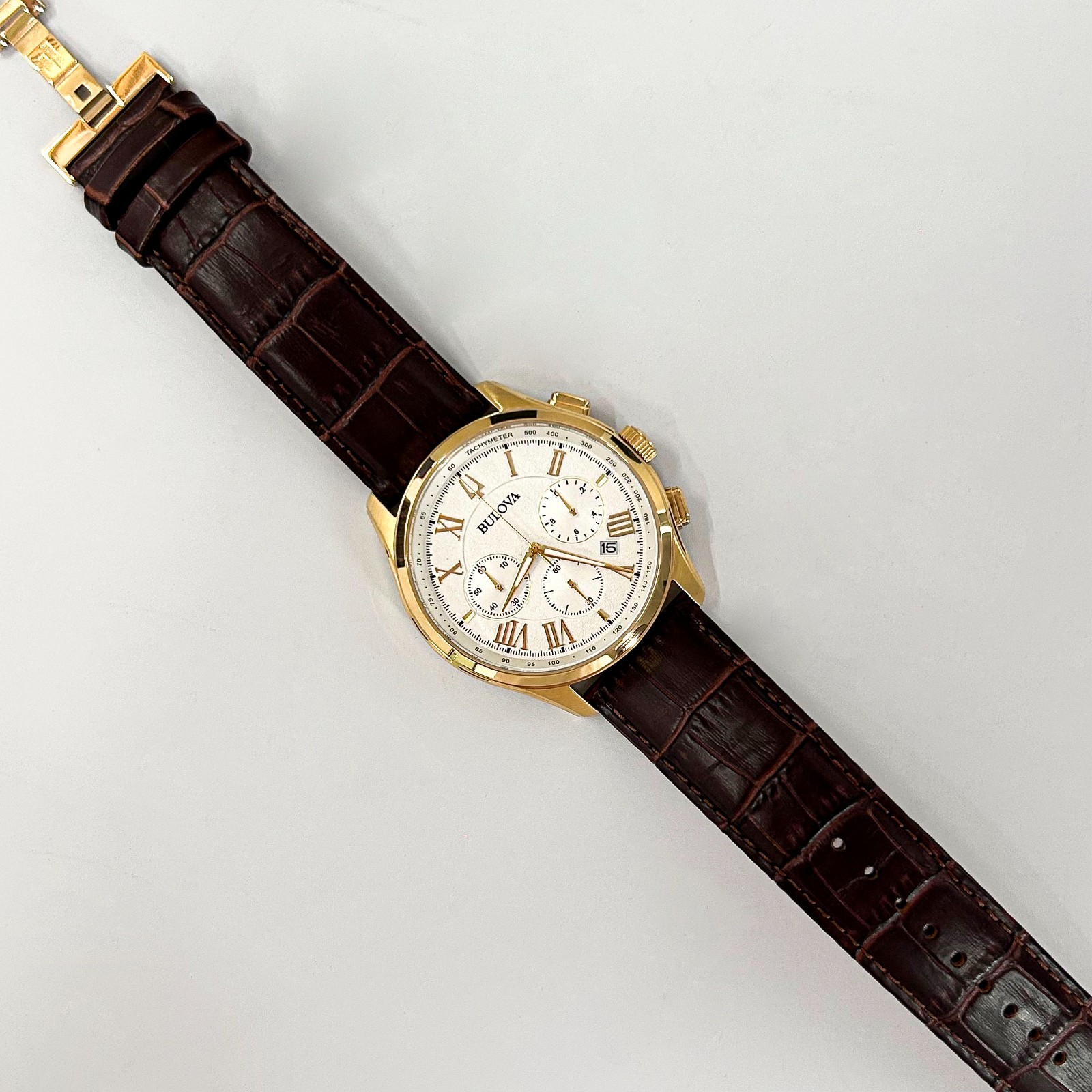 Bulova Men’s Classic Wilton 97B169 White Dial Brown Leather Quartz Watch 46mm