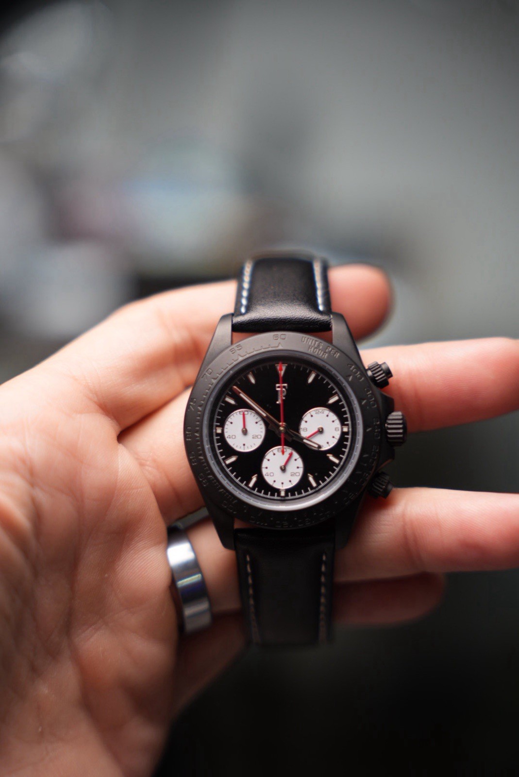 Time Panda Chronograph Quartz 40mm Black Dial Leather Strap w/ Box