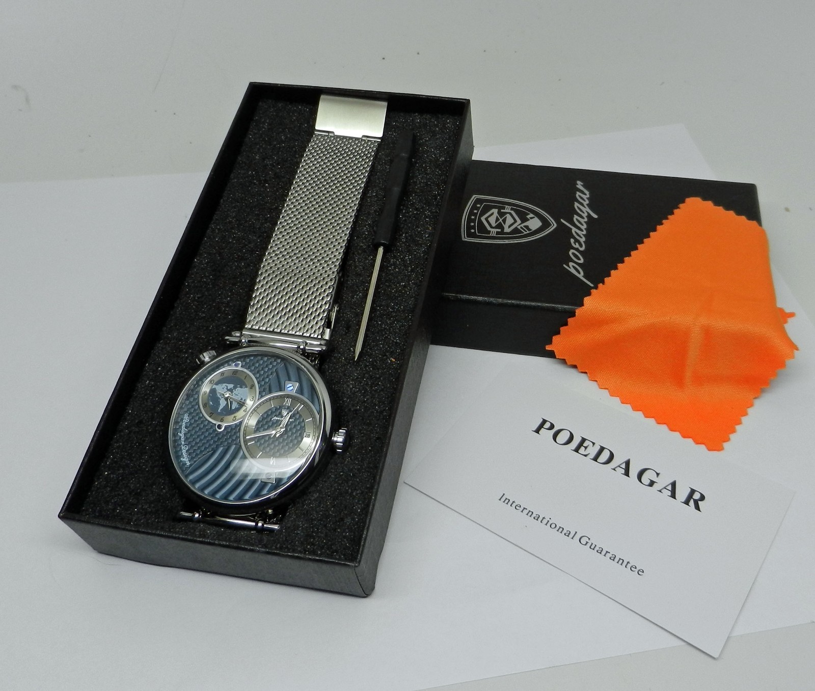 Men’s Dual Time 44mm Textured Blue Date Dial Stainless Steel Mesh Strap Watch