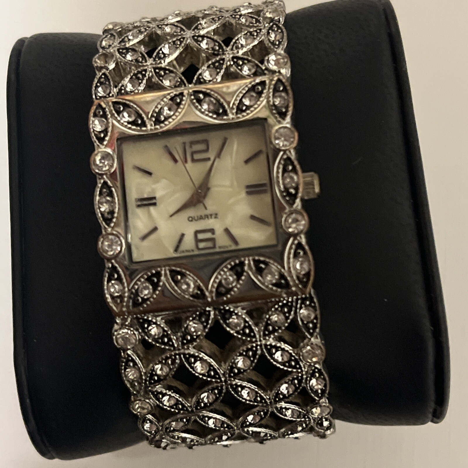 Massini Watch Women 29mm MOP Silver Tone Crystals Open Cuff Pearl Free Shipping!